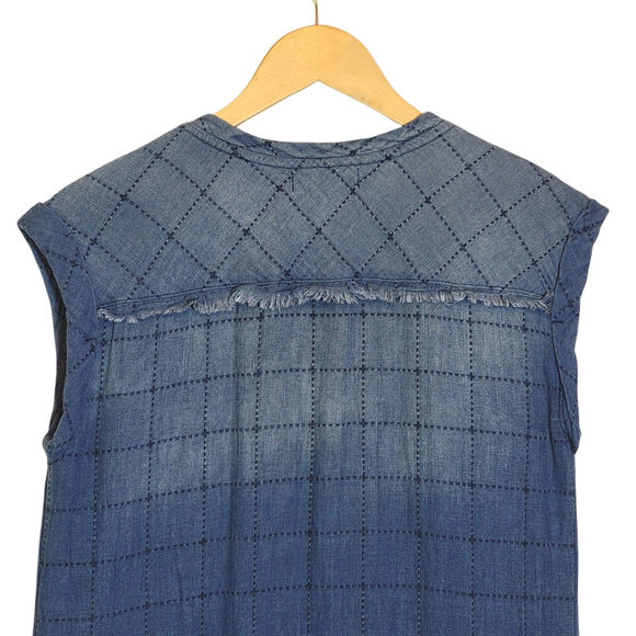 Cloth & Stone Quilted Chambray Blue Midi Dress Boho Chic Raw Hem Relaxed Fit XS - Picture 11 of 16